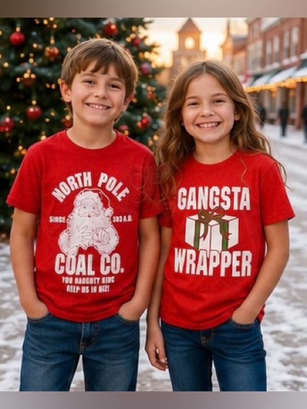 Christmas 2PC Graphic Humor Shirt Bundle Gangsta Wrapper Santa Unisex Youth S